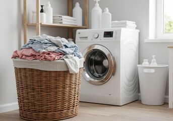 Wicker laundry basket overflowing with clothes next to a washing machine