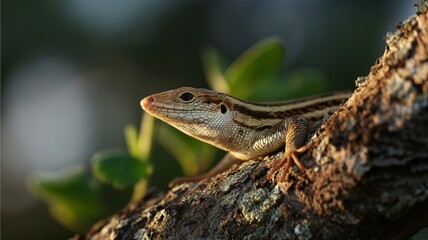 Obraz premium A lizard basks on a branch, enjoying the warm sunset in a tropical setting.