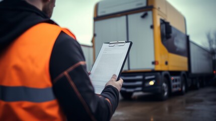 A man in an orange safety vest standing in front of a large yellow and white truck on a wet, overcast day.