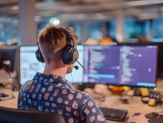 Focused programmer wearing headphones working on dual monitors in a modern office environment, surrounded by tech gadgets and coding tools