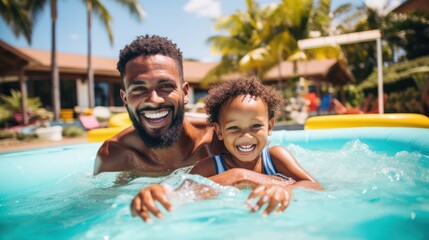 A father and daughter enjoying a day at the pool, with a tropical backdrop.