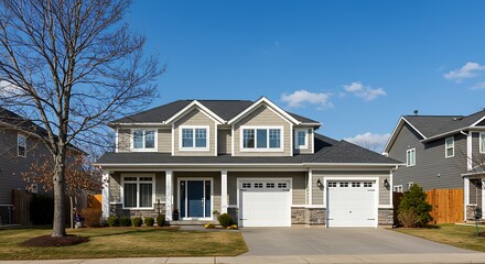 Real Estate Exterior Front House on a sunny day. Big custom made upscale house with nicely landscaped front yard and driveway to garage in suburbs. Modern designed home, New construction home exterior