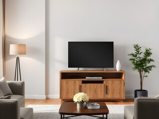 Obraz premium Modern Living Room Interior Mockup with TV Cabinet, Lamp, Table, Flowers, and Indoor Plants (AI Generated)