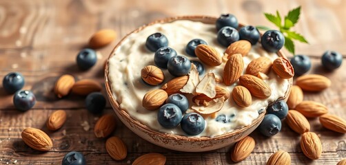 Creamy oatmeal, blueberries, almonds; rustic wooden table, morning meal, photography