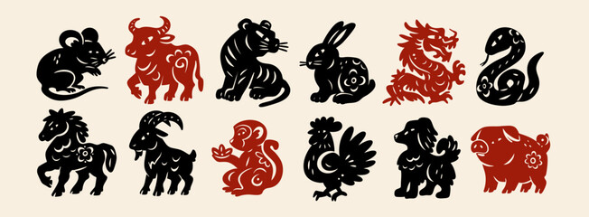 Oriental, Chinese horoscope zodiac set. Cute characters. Animal symbols of Chinese New year. Calendar logo, asian lunar astrology signs. Hand drawn trendy Vector illustration. Isolated design elements