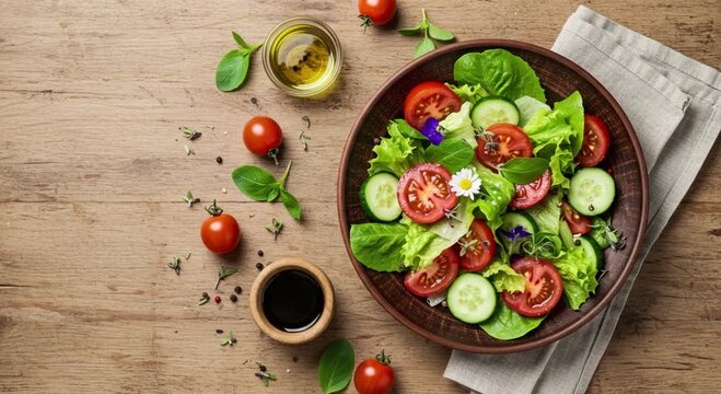salad on wooden plate with sauces flatlay