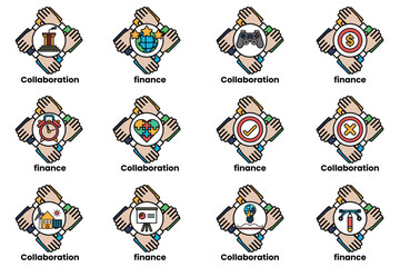 set of hand icons that represent different concepts such as collaboration
