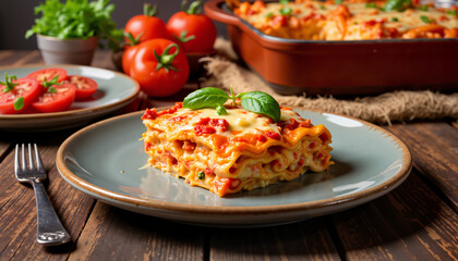 Lasagna served on a plate with fresh tomatoes and basil for World Pasta Day