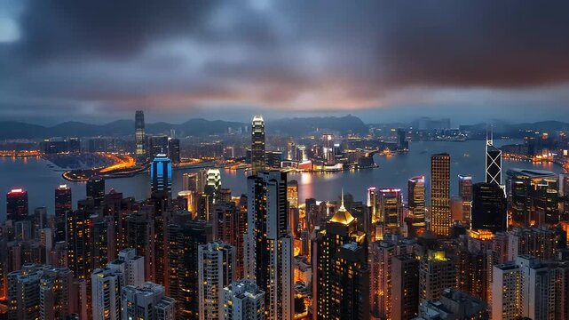 Aerial View of Illuminated Hong Kong Cityscape at Night Under Cloudy Sky