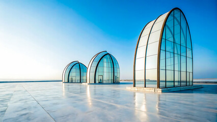 Architectural design of glass buildings with arched roofs against a clear blue sky