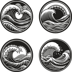 Vector Illustration of Ocean Waves Badge Set, Sea Wave Symbols in Circular Frames, Nautical and Marine Style Icons, Flat and Line Art Ocean Emblems