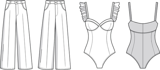 Fashion design sketches, wide-leg pants, ruffled bodysuit, spaghetti strap bodysuit, sewing pattern, garment template, cad drawing flat vector illustration