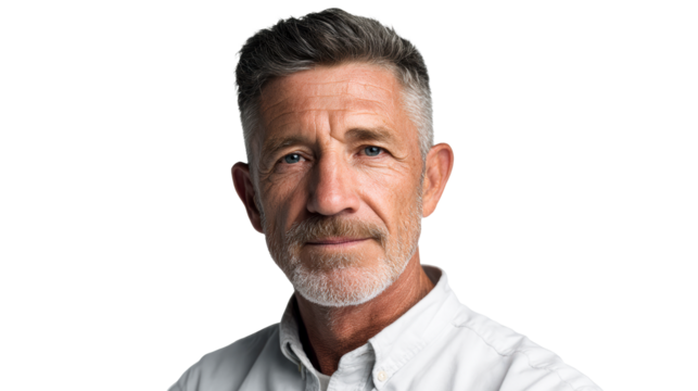 Gray haired man smiles confidently on a clear background