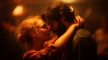 Fototapeta premium Passionate embrace of two figures in warm, golden-hued lighting, capturing an intimate moment of emotional connection and tender vulnerability.