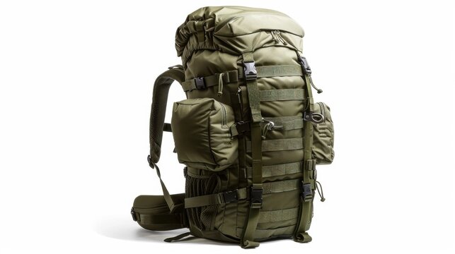 A robust militarygrade olive green backpack, equipped for rugged outdoor adventures. Ready to hit the trails and scale peaks with confidence. Isolated on white.