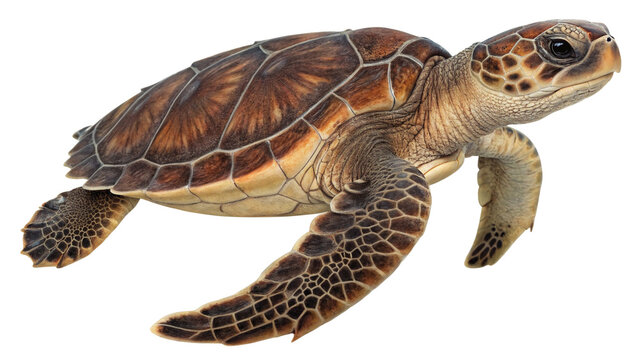 Photo of a loggerhead sea turtle swims gracefully, its patterned shell and flippers clearly visible against a stark transparent background