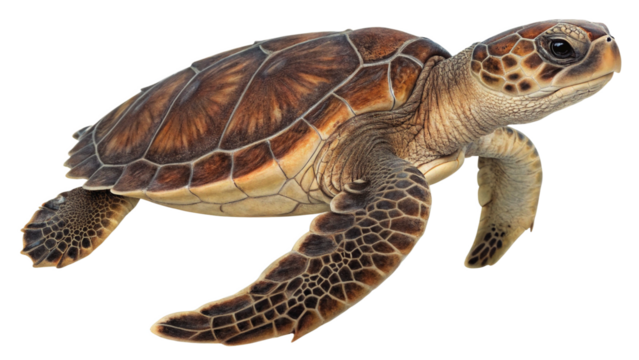 Photo of a loggerhead sea turtle swims gracefully, its patterned shell and flippers clearly visible against a stark transparent background