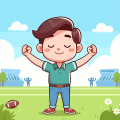Digital illustration of a young boy, portrayed in a cartoon style, standing in a field with his arms raised in a joyful pose.  The background features a stadium.