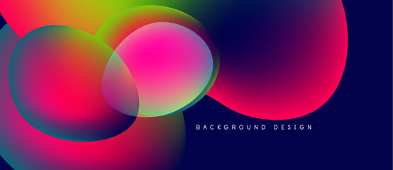 Vibrant abstract background features overlapping colorful circles. Gradient hues blend pink, blue, green, yellow creating dynamic visual effect.