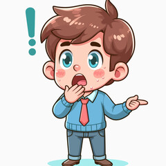 Obraz premium Digitally rendered cartoon illustration of a boy with a surprised expression, pointing to the right. He is dressed in casual attire, and his expression portrays amazement.