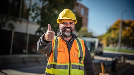 Obraz premium A construction worker wearing a yellow hard hat and orange safety vest giving a thumbs-up on a construction site.