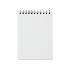 Pristine, blank, horizontally oriented spiral-bound notepad with transparent, unlined pages and reflective silver binding, isolated on a seamless transparent background, top-down, no shadows. Concept
