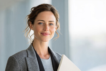 cheerful accountant auditor with slight smile set against soft bokeh background
