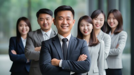 Fototapeta premium A group of business professionals standing together in a modern office setting.