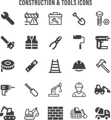 Construction and Tools Icons Set. Flat and Line Style Builder Symbols, Hammer, Wrench, Drill, Helmet, Toolbox, Crane, Safety Gear. Maintenance and Repair Vector Illustrations