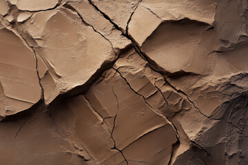 Dry brown soil displays an abstract natural texture, featuring many large deep cracks and a rough earth surface.