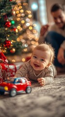 Joyful baby in cozy knit sweater playing on carpet with toy car, festive Christmas tree with twinkling lights and ornaments creating warm, magical holiday background