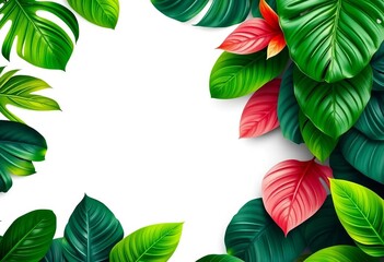 Lush tropical leaves form a vibrant green border around a pure white background,  digital art,  natural