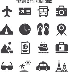 Travel and Tourism Icon Set. Flat Vector Icons of Passport, Luggage, Map, Airplane, Camera, Hotel, Beach, Navigation, and Adventure. Vector Illustration for Web, UI, and App Design