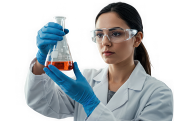 Scientist examining orange liquid in flask on transparent background