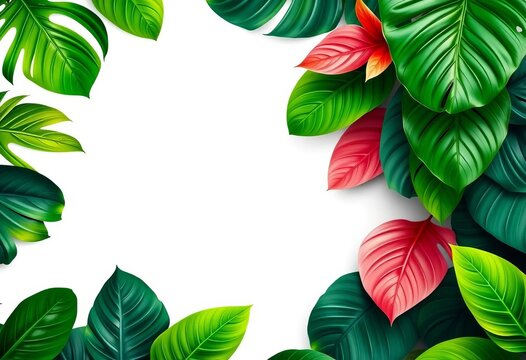 Lush tropical leaves form a vibrant green border around a pure white background,  digital art,  natural