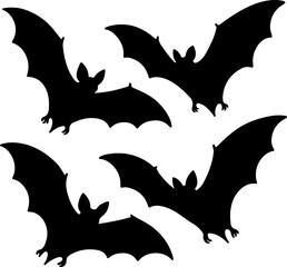 Naklejka premium Five dark black flying bats in a dynamic silhouette arrangement for halloween or spooky themes
