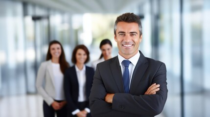 A confident businessman standing in a modern office hallway with his arms crossed, smiling warmly.