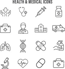 Hospital and Medical Icon Set. Linear Vector Icons of Healthcare, Medicine, Doctor, First Aid, Syringe, Ambulance, Pill, and Hospital Equipment. Minimal Health Care Symbols for UI and Web