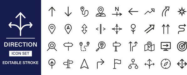 Direction line icon set. Includes arrows, compass, map, pin, route, GPS, signboard, and waypoint symbols. Clean linear vector style.