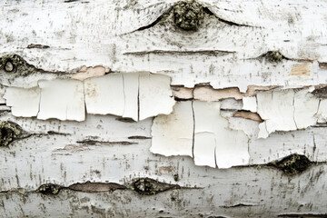 Close up view of the distinctive white peeling bark on a mature birch tree trunk, revealing its natural textured surface.