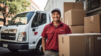 A smiling man in a red uniform standing in front of a white delivery truck with several cardboard boxes.