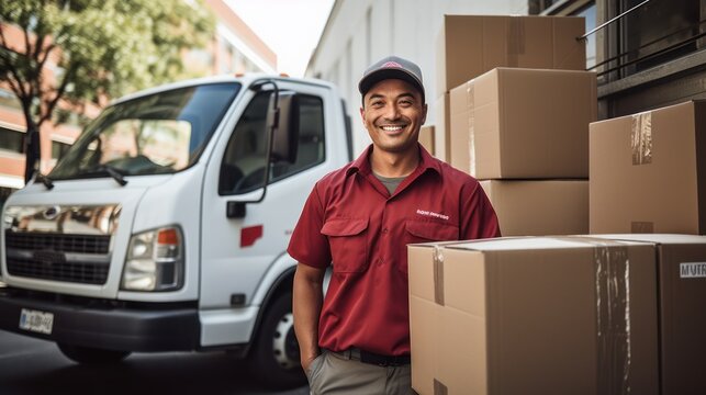 A smiling man in a red uniform standing in front of a white delivery truck with several cardboard boxes.
