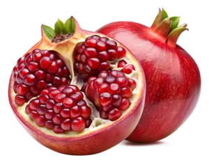 Vibrant ripe pomegranate halved revealing juicy arils against a dark background