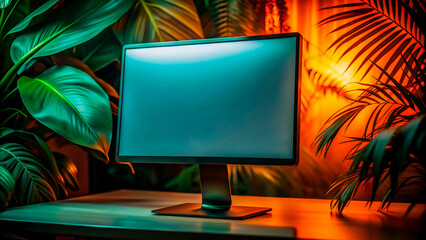 Computer monitor on a desk surrounded by lush tropical plants