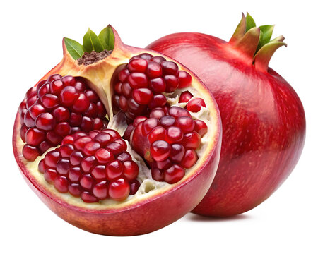 Vibrant ripe pomegranate halved revealing juicy arils against a dark background
