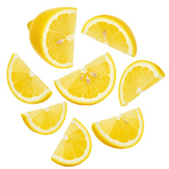 Fototapeta premium Bright yellow, freshly cut lemon slices & wedges with translucent juicy pulp & distinct white pith, scattered dynamically on a transparent background with ample copy space, top-down,