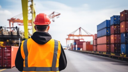 Fototapeta premium A man in a red hard hat and orange safety vest standing in front of a container ship with colorful containers.