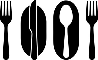 Classic cutlery arrangement featuring forks knife and spoon in a stylized silhouette design