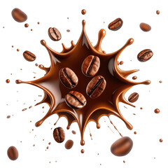 Coffee splash with beans isolated on transparent background
