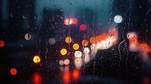 Close-up video of raindrops sliding down glass window with blurred city lights bokeh in the background, creating moody, cinematic atmosphere for emotional and artistic scenes